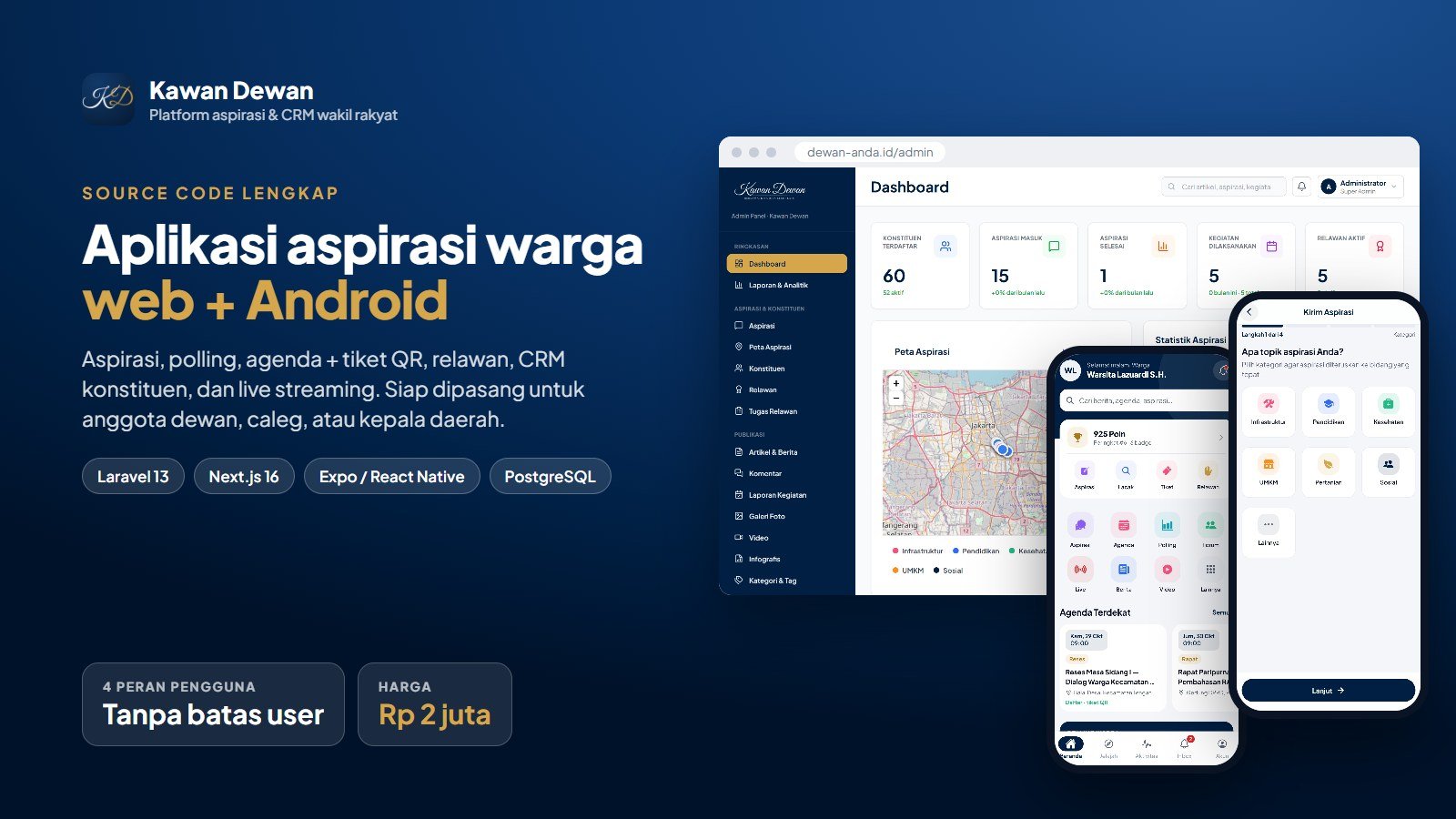 Kawan Dewan — Source Code Aplikasi Aspirasi & CRM Wakil Rakyat Web + Android